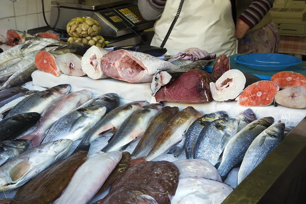 Fresh whole fish, salmon, and tuna steaks displayed on ice at a seafood market counter