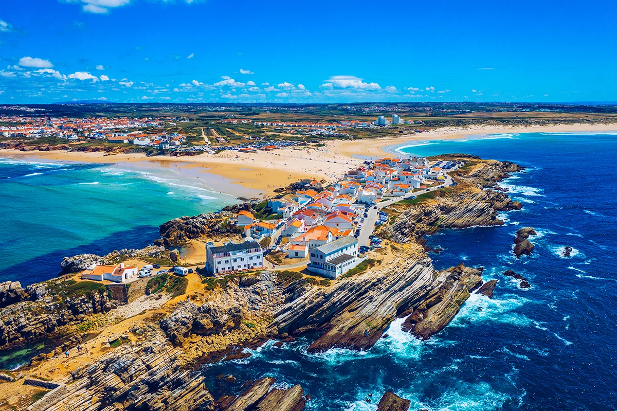 Aerial view of Baleal Island peninsula beach near Peniche on the Silver Coast in Portugal