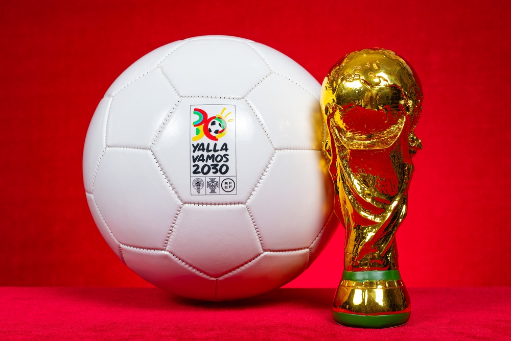 World cup trophy and football ahead of Portugal 2030 world cup