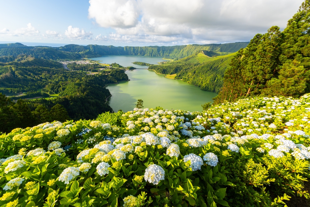 Beautiful view over lake and mountains in The Azores, Portugal