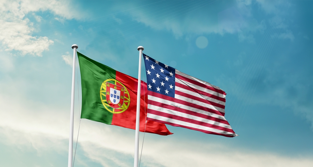 Portugal flag and USA flag in the sky