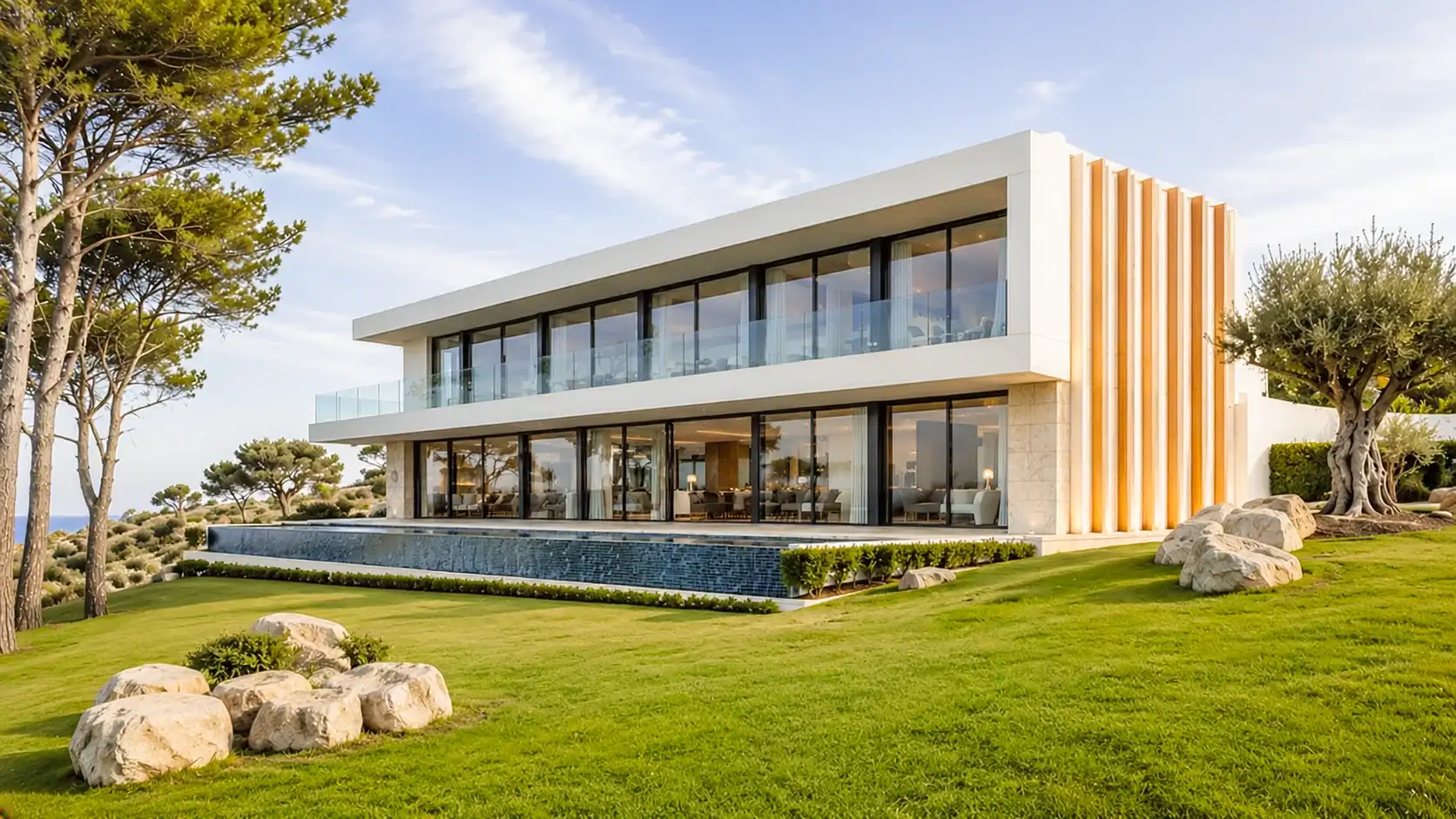 Modern ocean-view villa near Sintra, Portugal, featuring expansive glass windows, a private pool, and landscaped