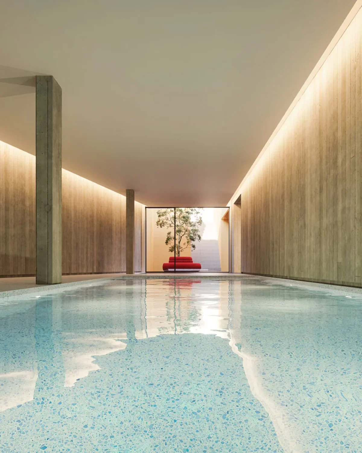Luxury development interior with swimming pool and Douro River view.