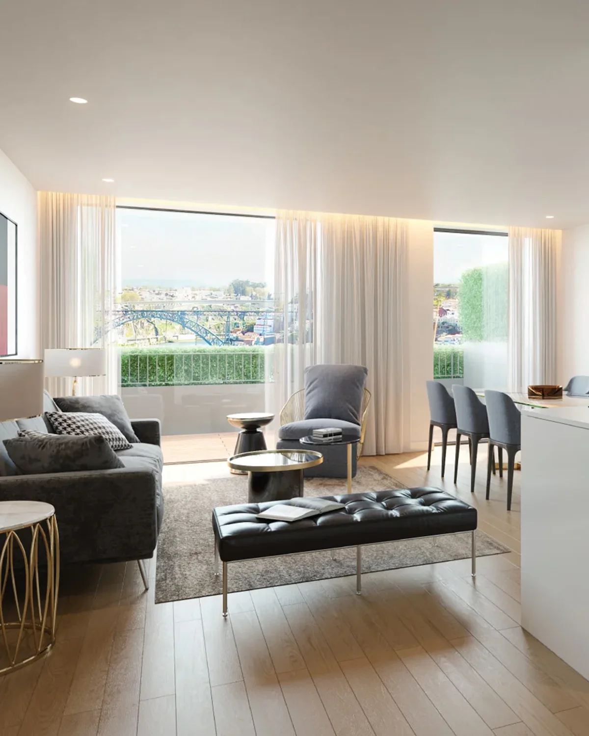 Luxury living room interior with Douro River views and modern furnishings.