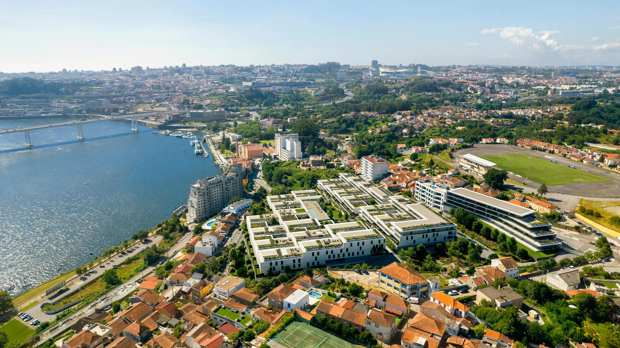 Aerial view of Orizon Living luxury development and Porto cityscape, Portugal
