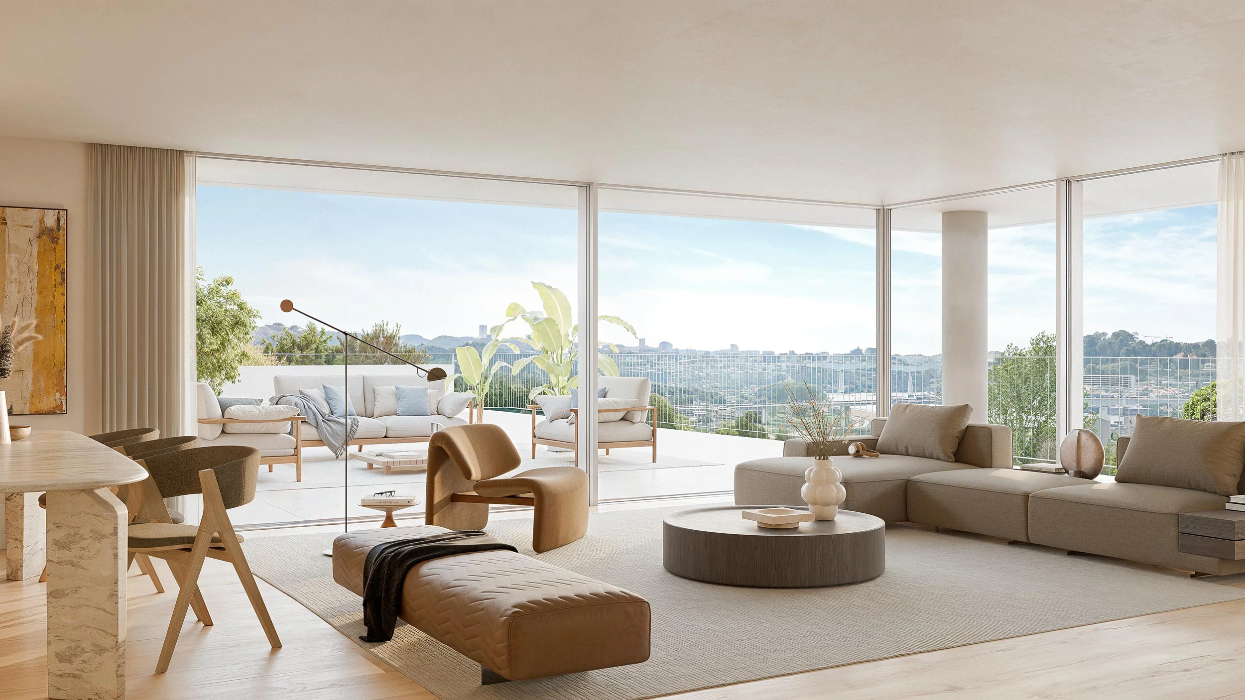 Luxury living room interior with expansive views of the Douro River, O'rizon Living development in