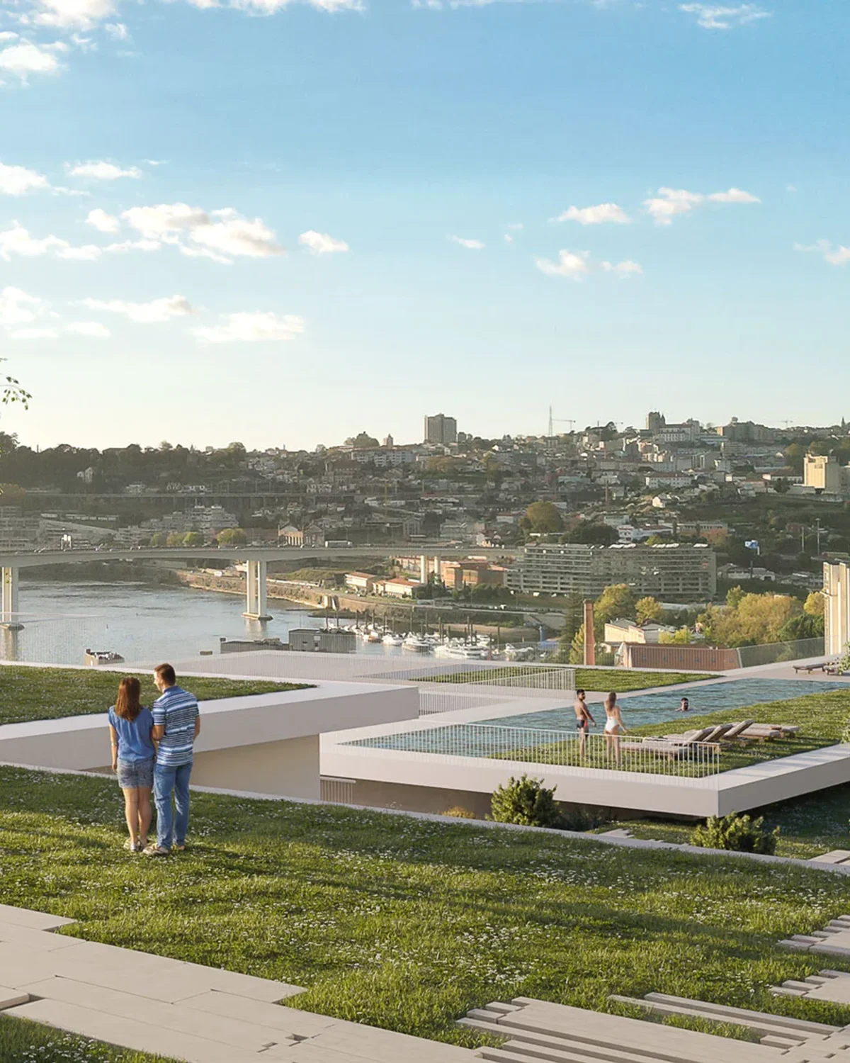 Luxury new home development O'Rizon Living with swimming pool and panoramic views of Portugal.