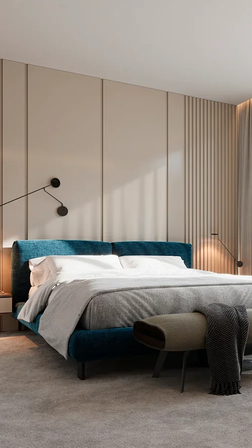 Luxury bedroom interior in Ocean 7 development, Estoril, Portugal and modern wall paneling.