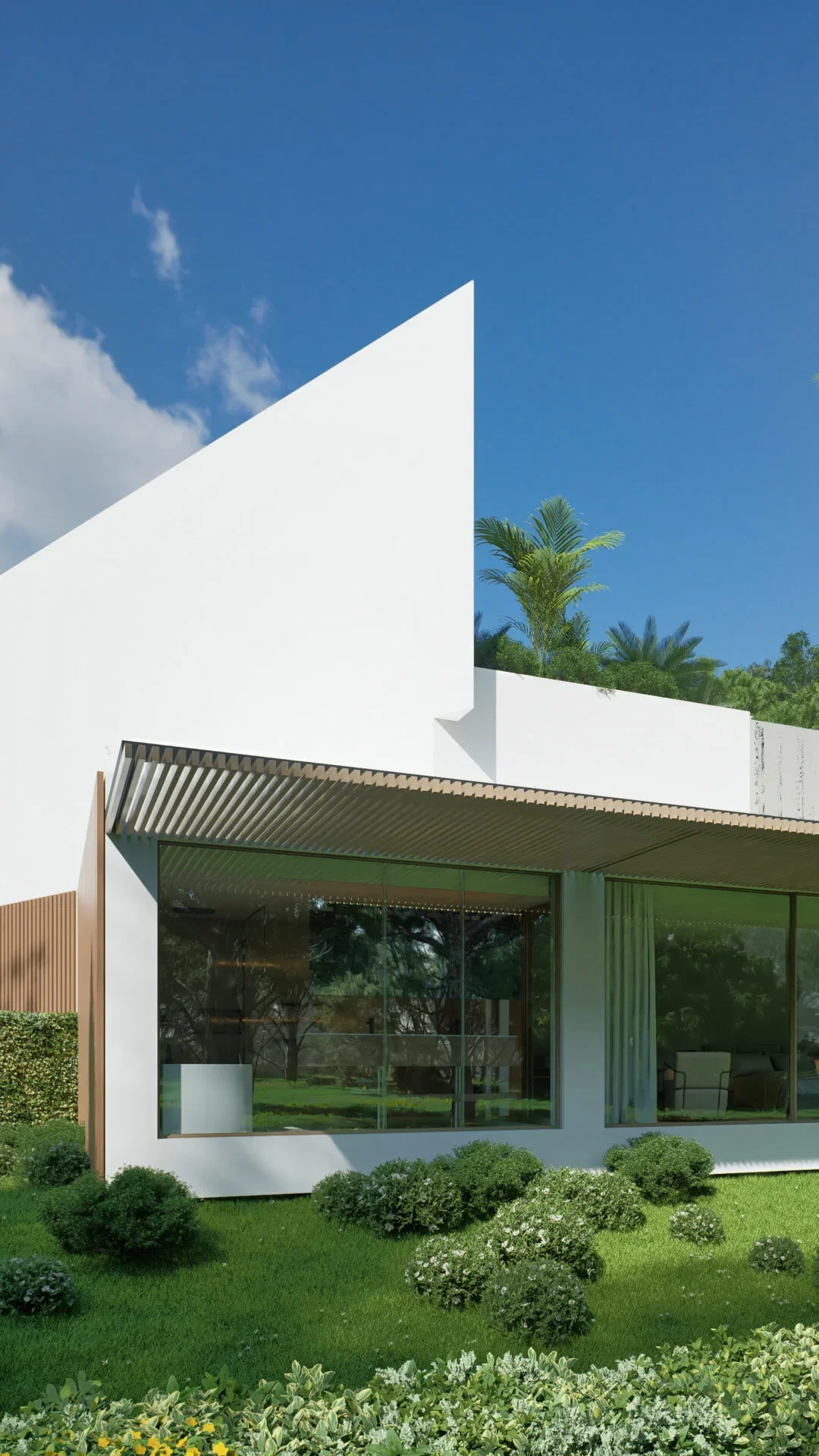 Villa Lumea modern property exterior and lush garden landscaping in Portugal.