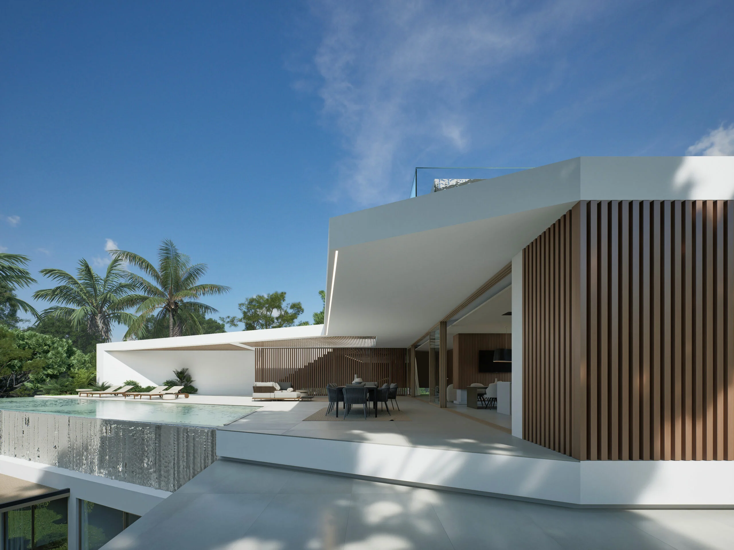 Villa Lumea blending luxury living and nature in Portugal, with outdoor dining and pool area.