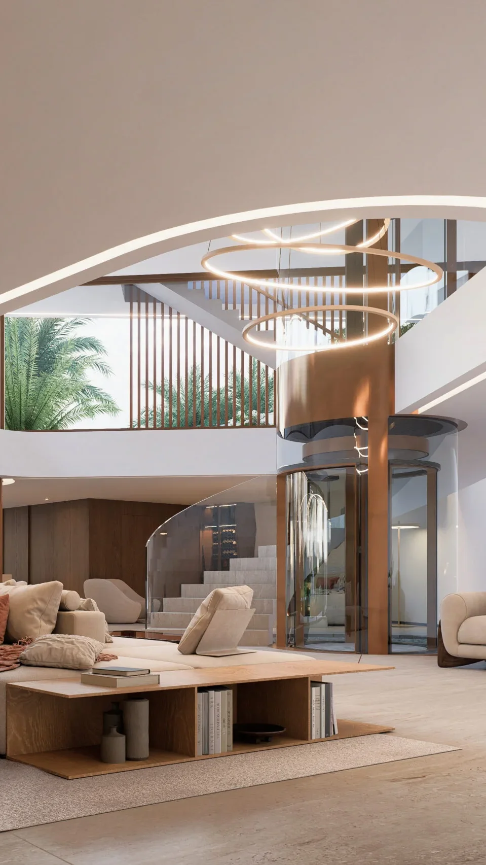 Modern villa interior showcasing curved staircase and elevator, part of Villa Wave development in Portugal.