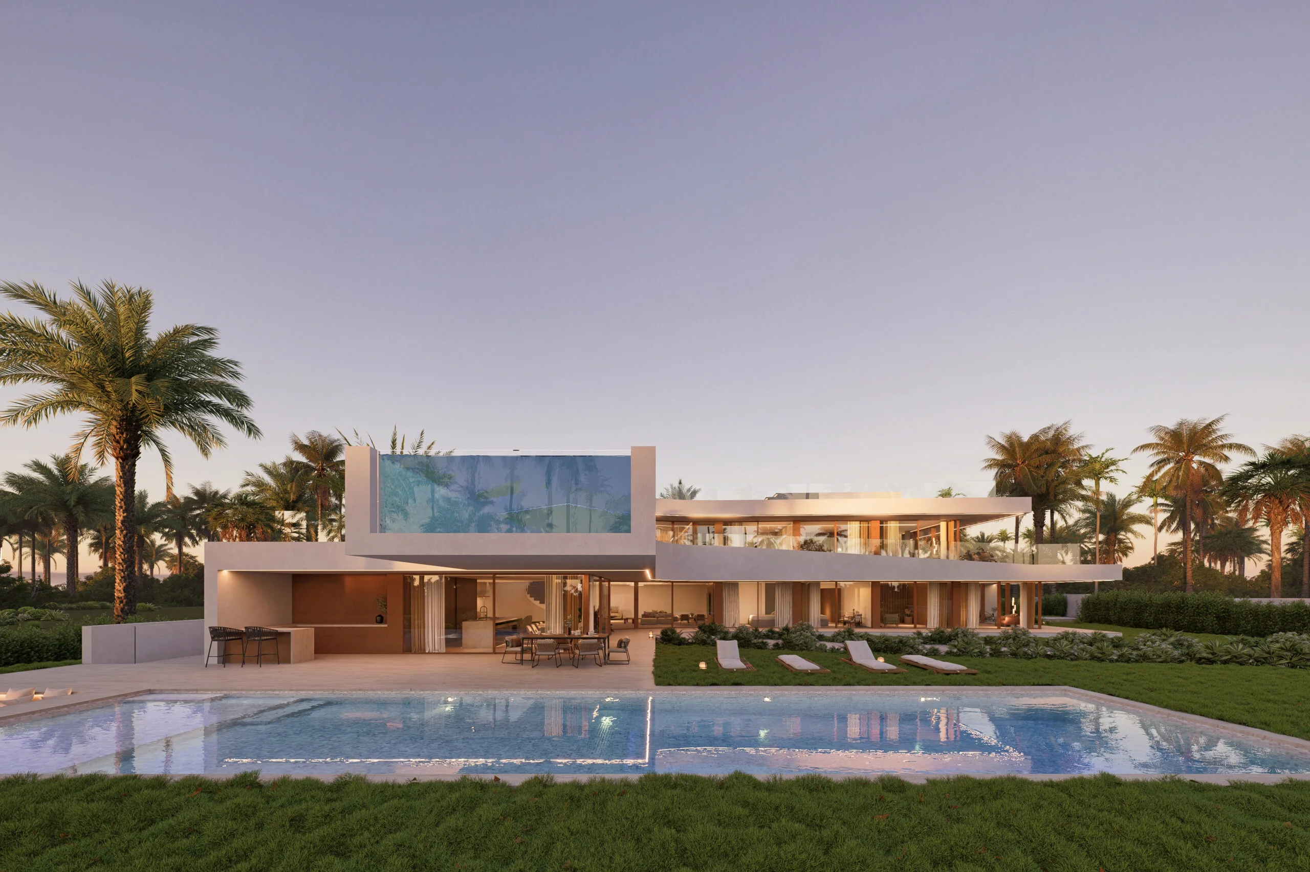 Luxury ocean view villa with swimming pool and palm trees in Portugal.
