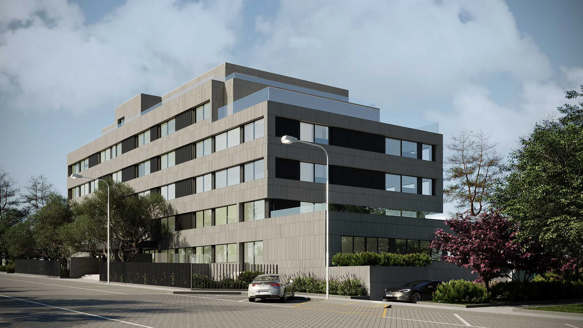 Modern Porto luxury development exterior and surrounding greenery.