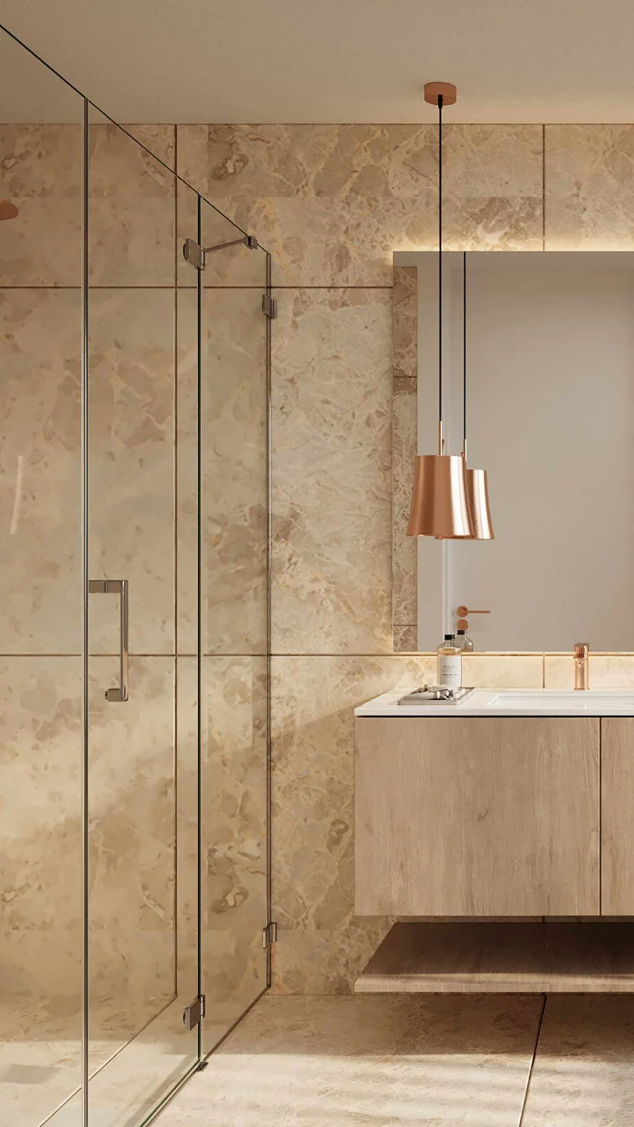 Modern bathroom interior with marble tiles, glass shower enclosure, and copper pendant light in Art