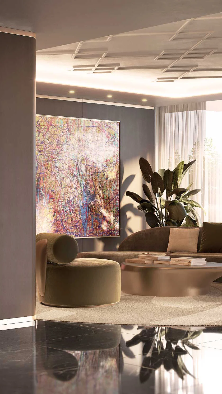 Modern living room interior with abstract art and lush greenery, showcasing Art House Social Verticals