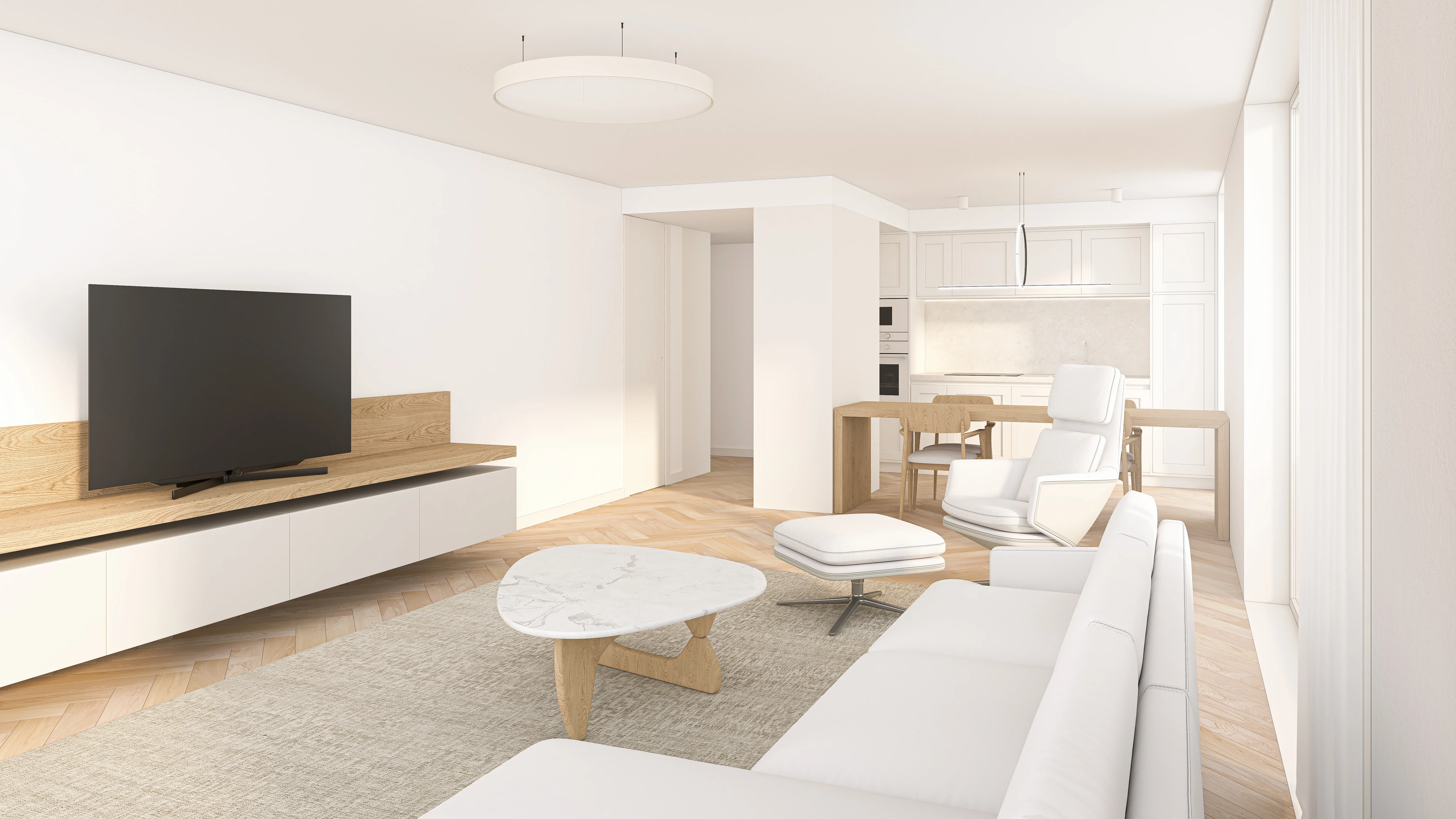 Modern living room interior design with television and kitchen area in Portugal.