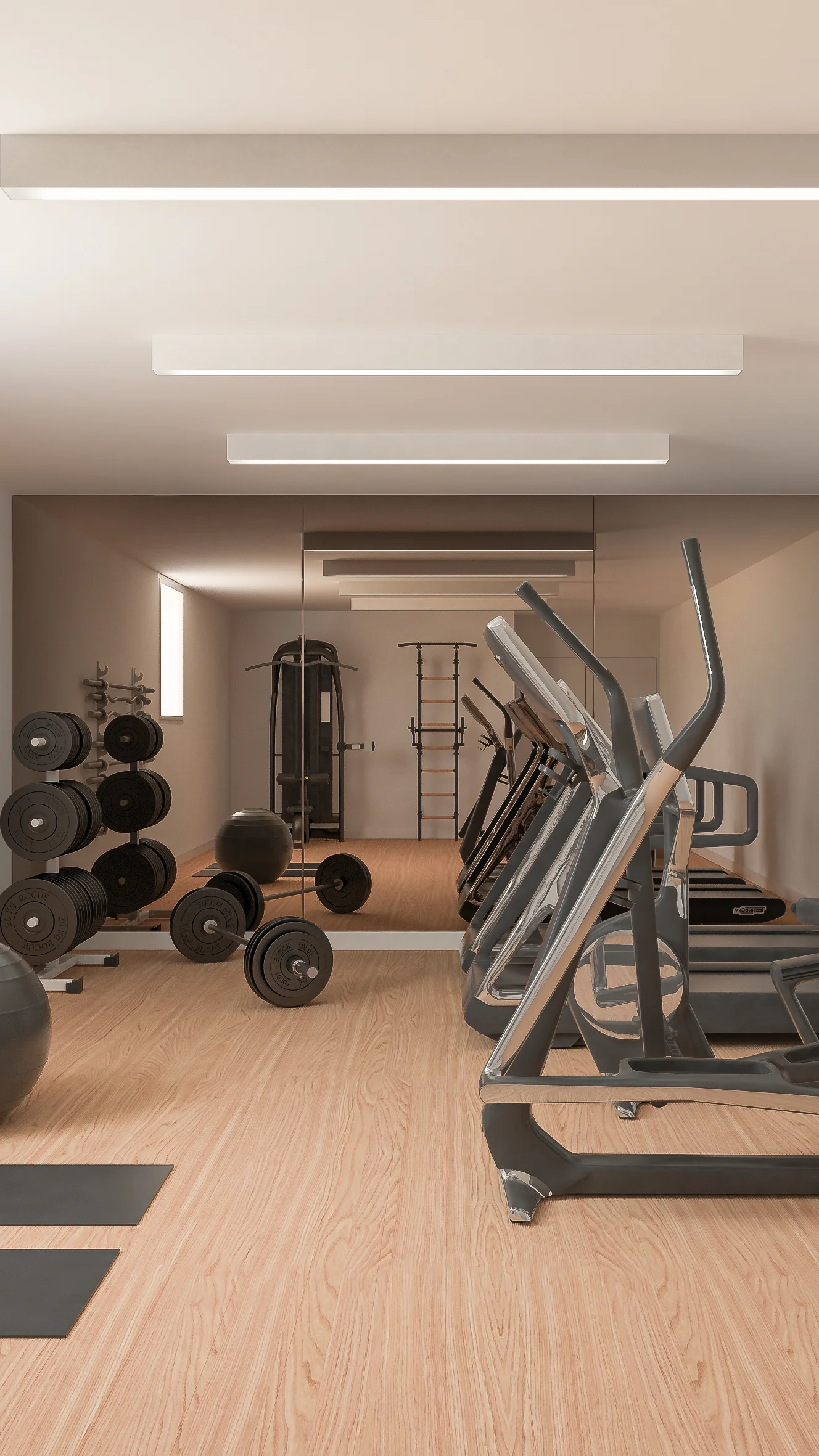 Modern gym interior with treadmills, weights, and fitness equipment in Portugal.