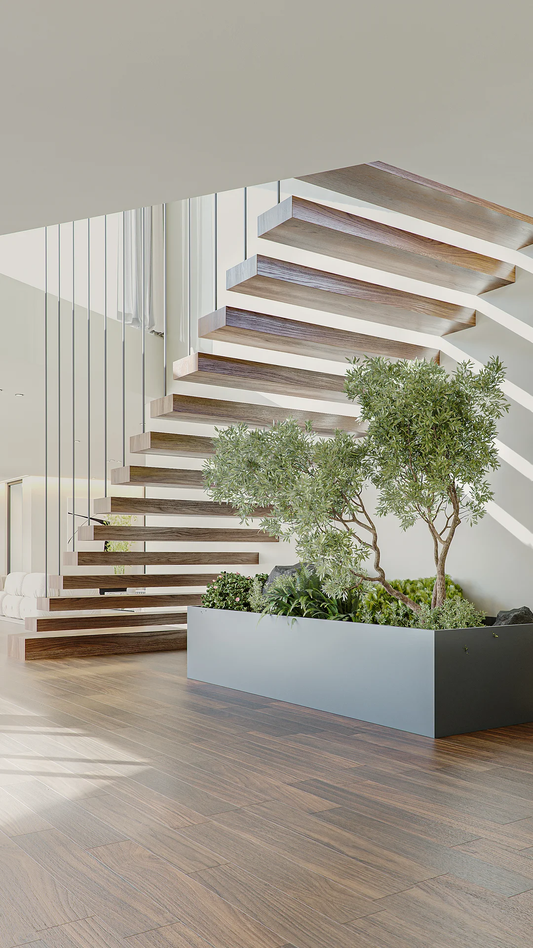 Modern staircase design with wooden steps and integrated greenery in Sintra Development Vista Atlântico V3.