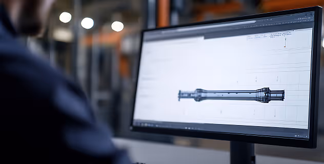 Person viewing a 3D model of a mechanical part on a computer monitor in an industrial setting.