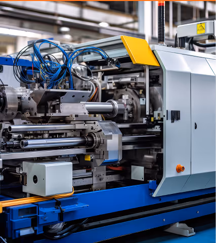Close-up of an industrial injection molding machine with metallic and blue components and control wires.
