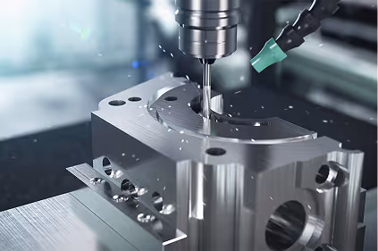 Close-up of a CNC milling machine cutting a silver metal part with precision.