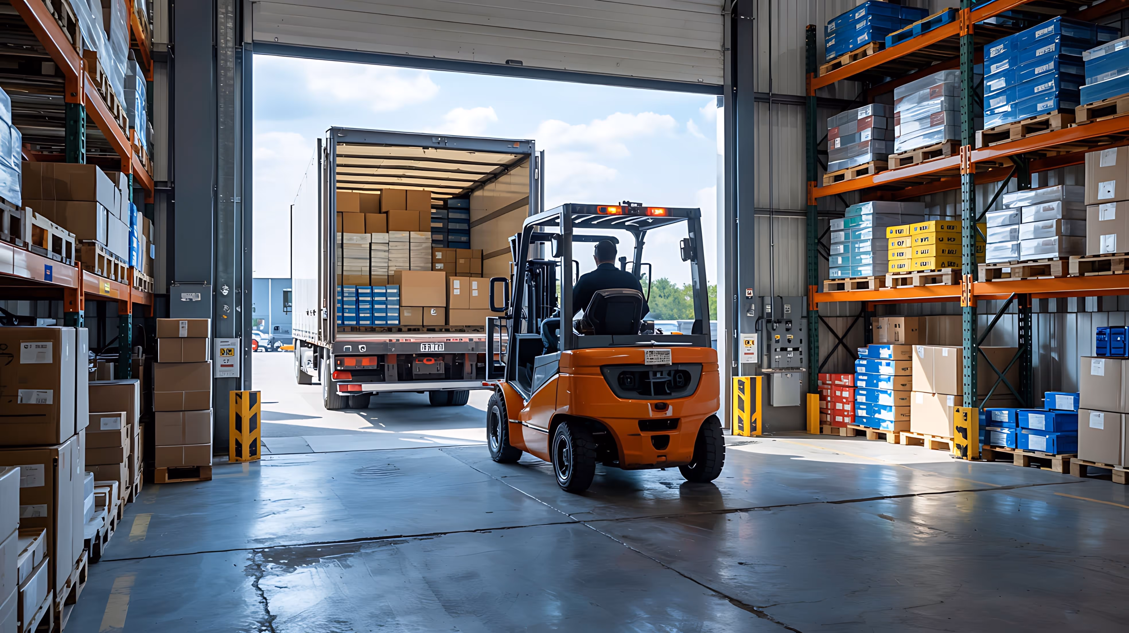 Worker driving an orange forklift loading boxes into a warehouse truck backed up to an open loading dock.