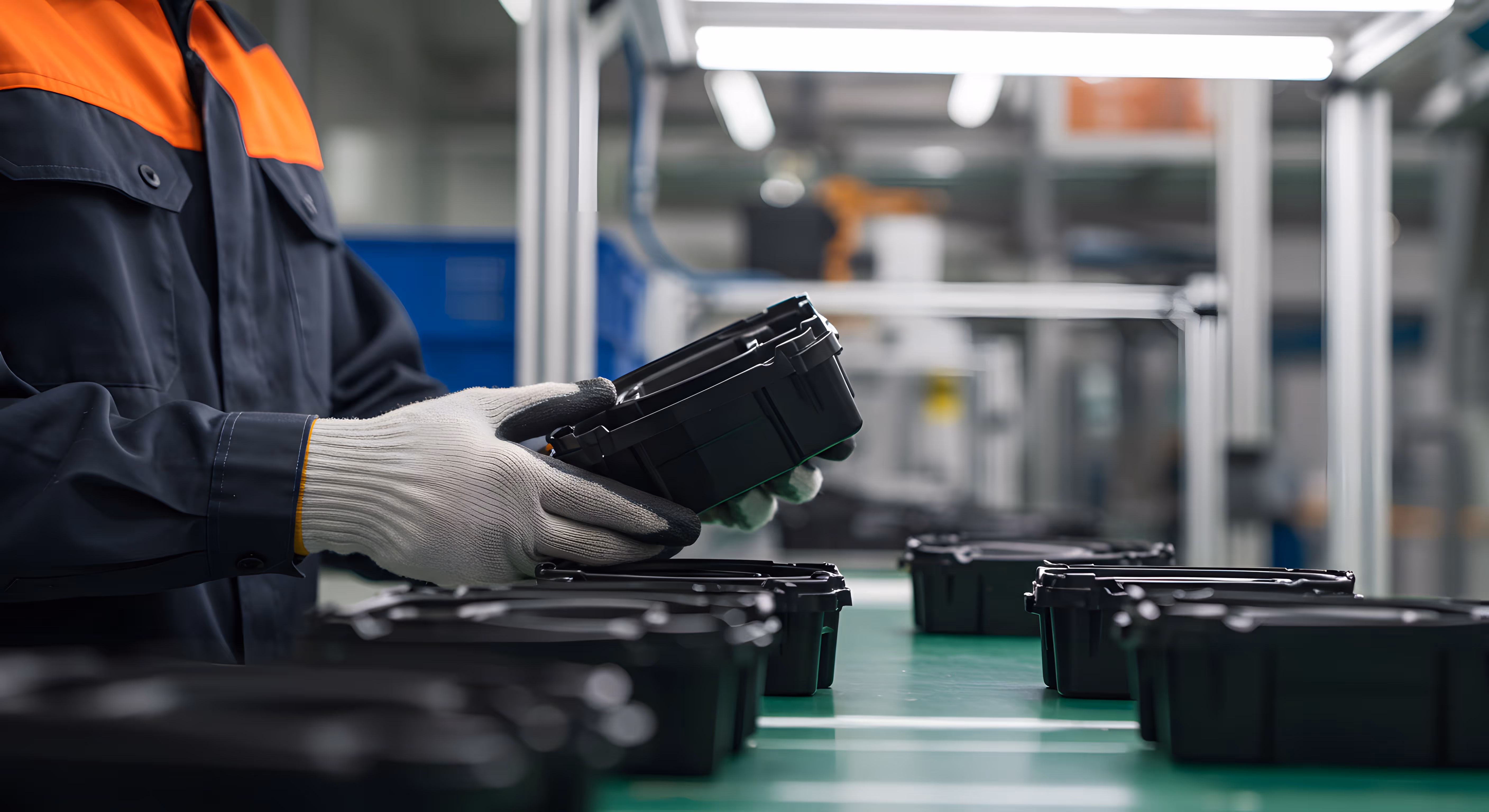 Worker wearing gray gloves inspecting black plastic containers on a green assembly line in a factory.