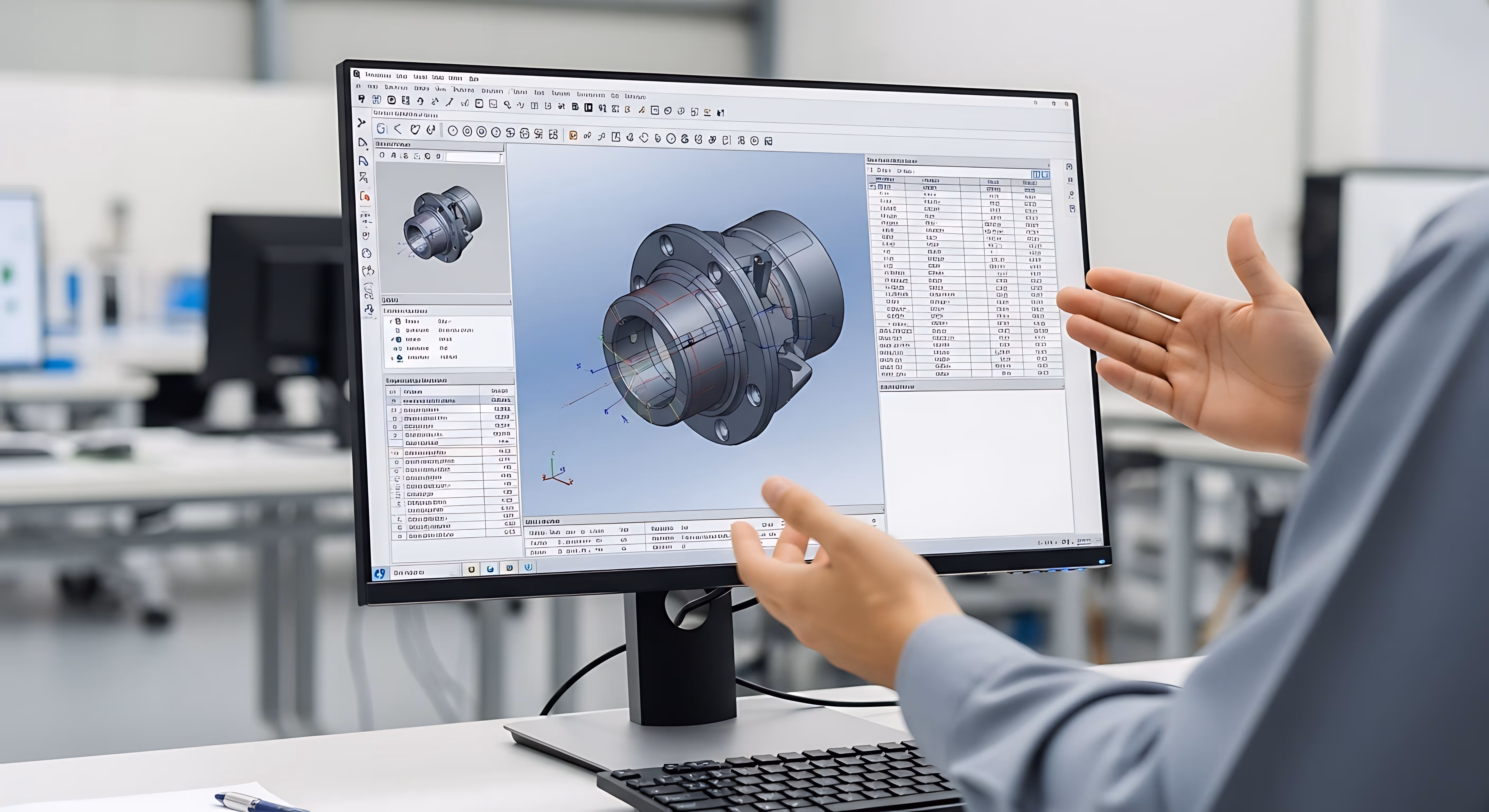 Engineer explaining a 3D mechanical part model displayed on a computer monitor in an office.