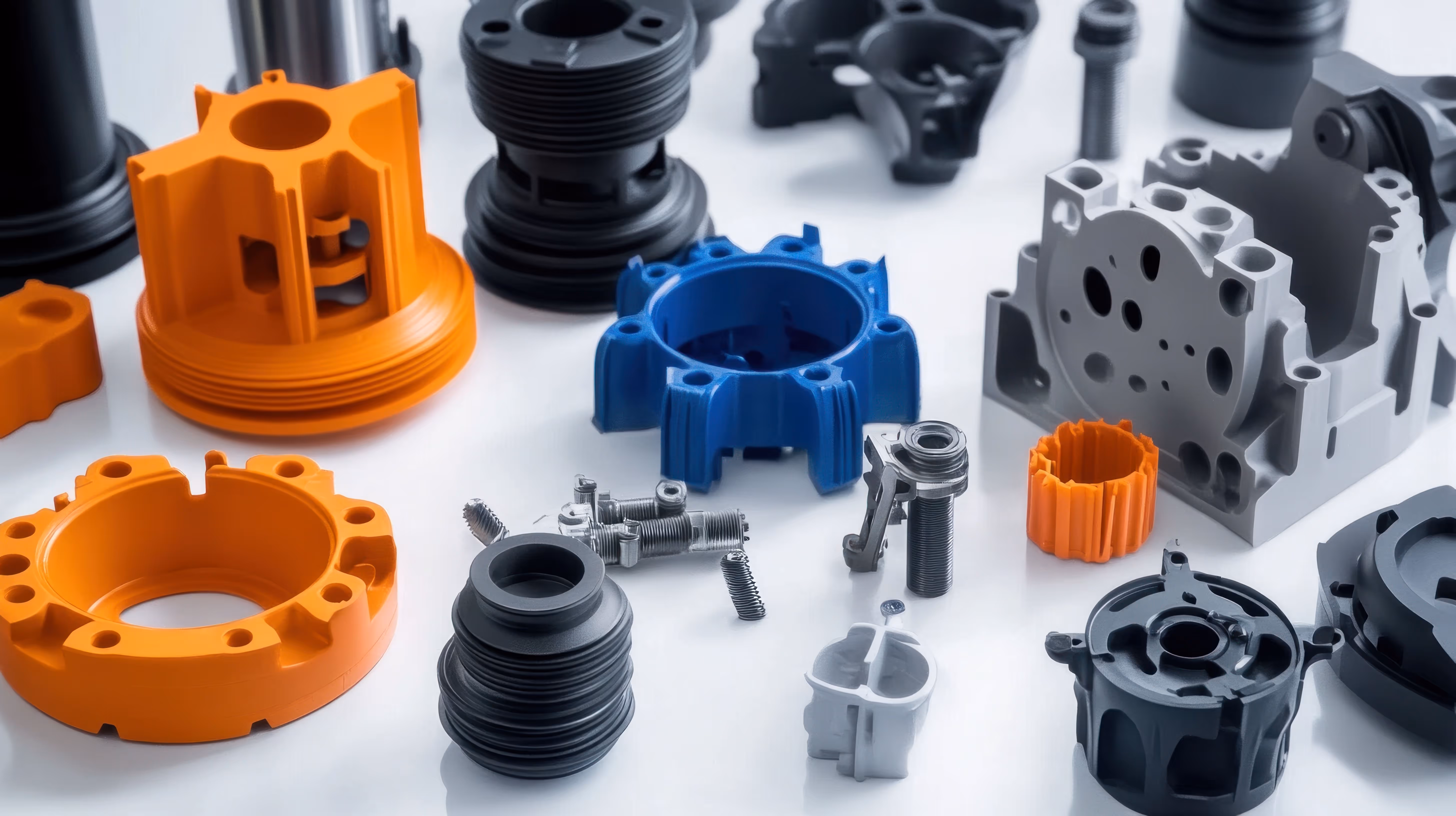 Various colored plastic and metal CNC machined parts arranged on a white surface.