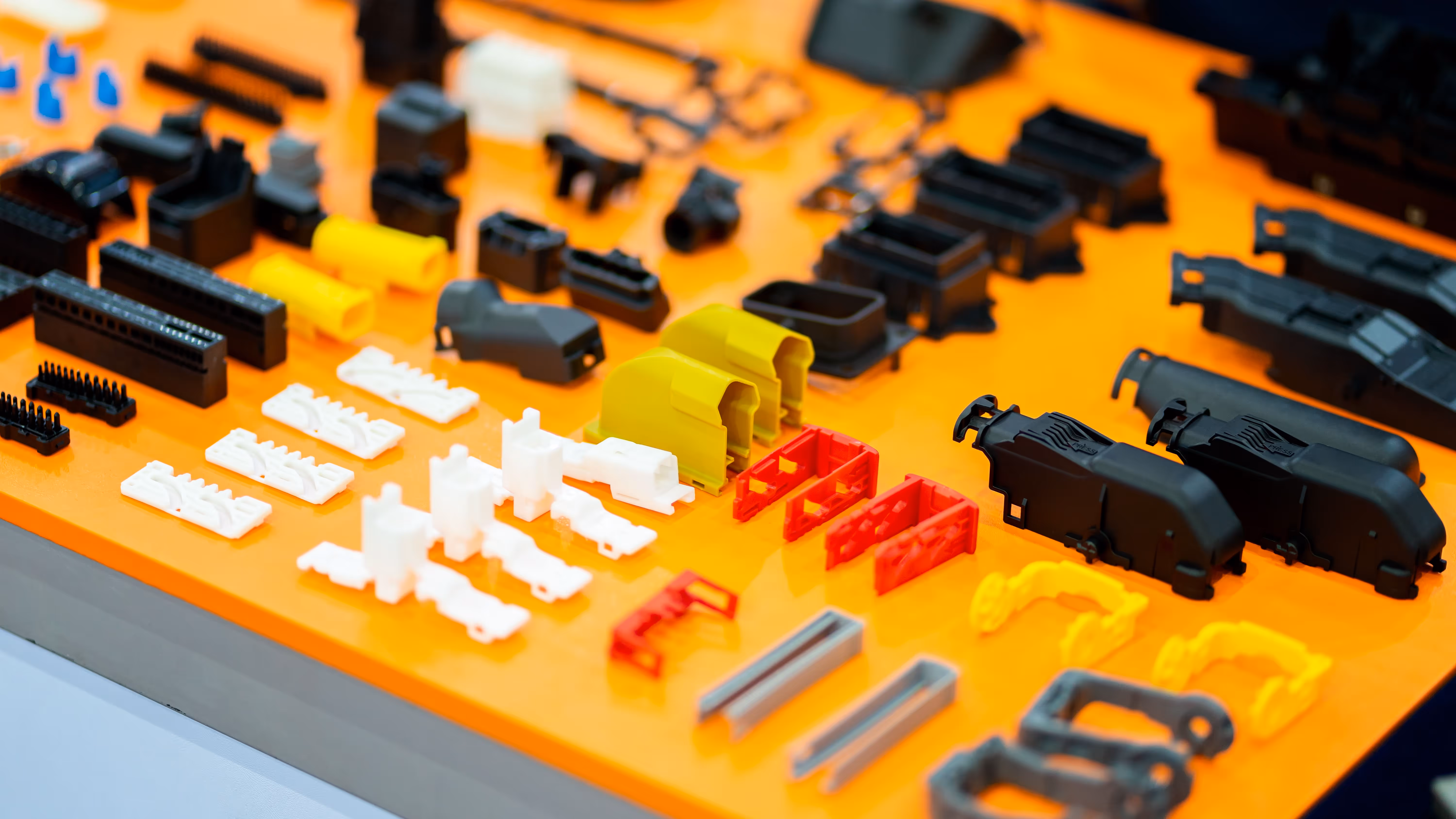 Various colorful injection molded plastic parts including black, white, yellow, red, and gray components arranged on an orange surface.