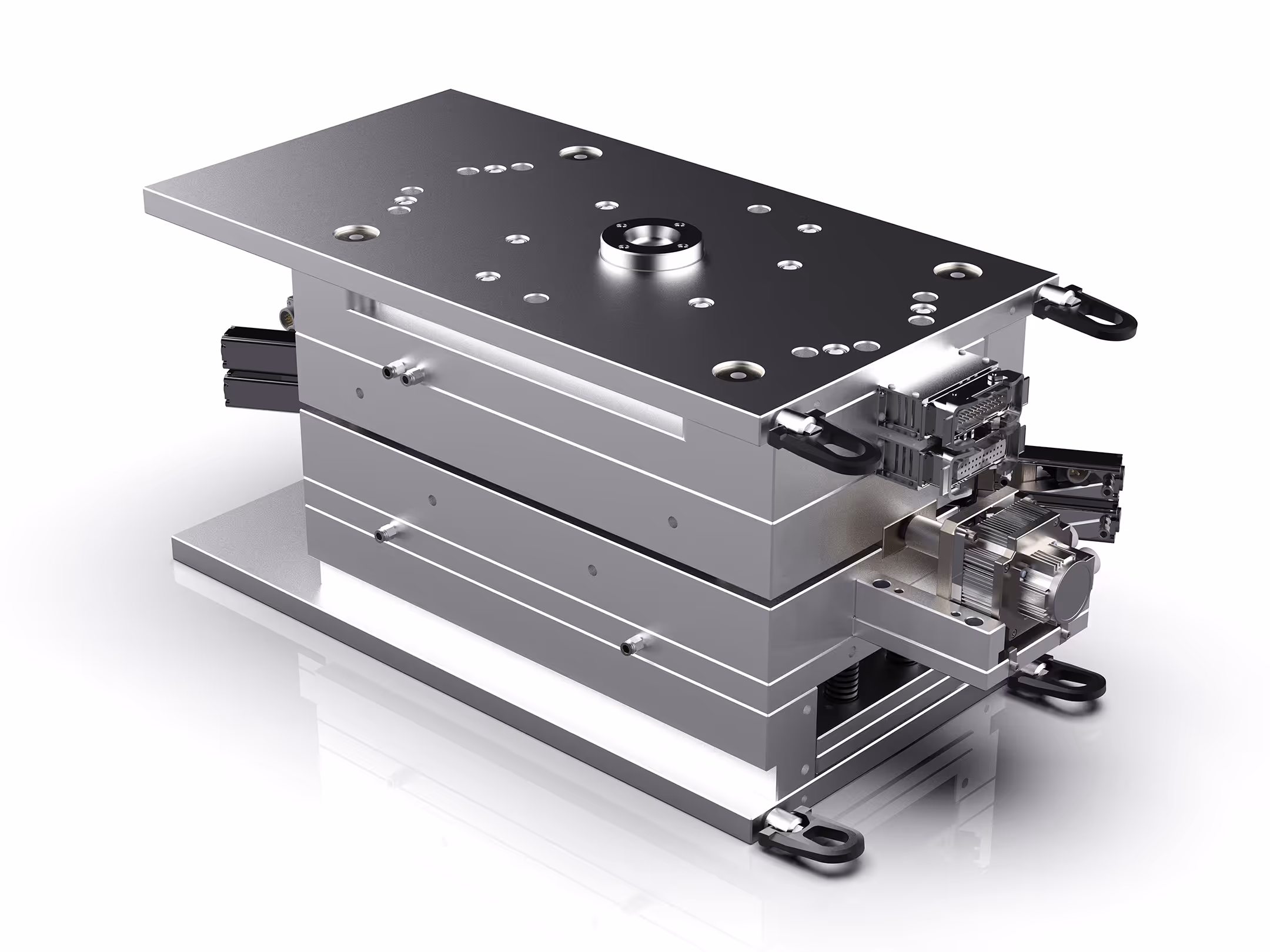 High-precision metallic injection mould tool with a matte and polished finish on a white background.