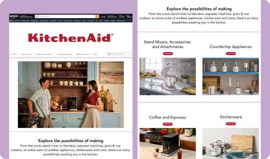 KitchenAid webpage showing kitchen appliances categories and a couple standing in a kitchen with coffee equipment.