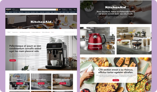 KitchenAid website showcasing coffee machines, kitchen appliances, and cooking tools with product images and text.