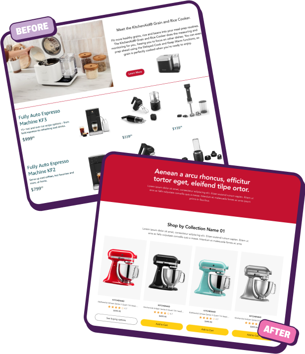Before shows KitchenAid coffee machines and accessories, after shows colorful KitchenAid mixers with add to cart buttons.