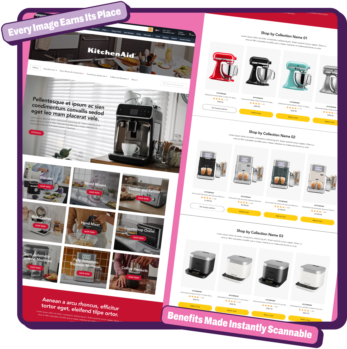Two angled webpage screens show KitchenAid products with categories and add-to-cart options on pink background.