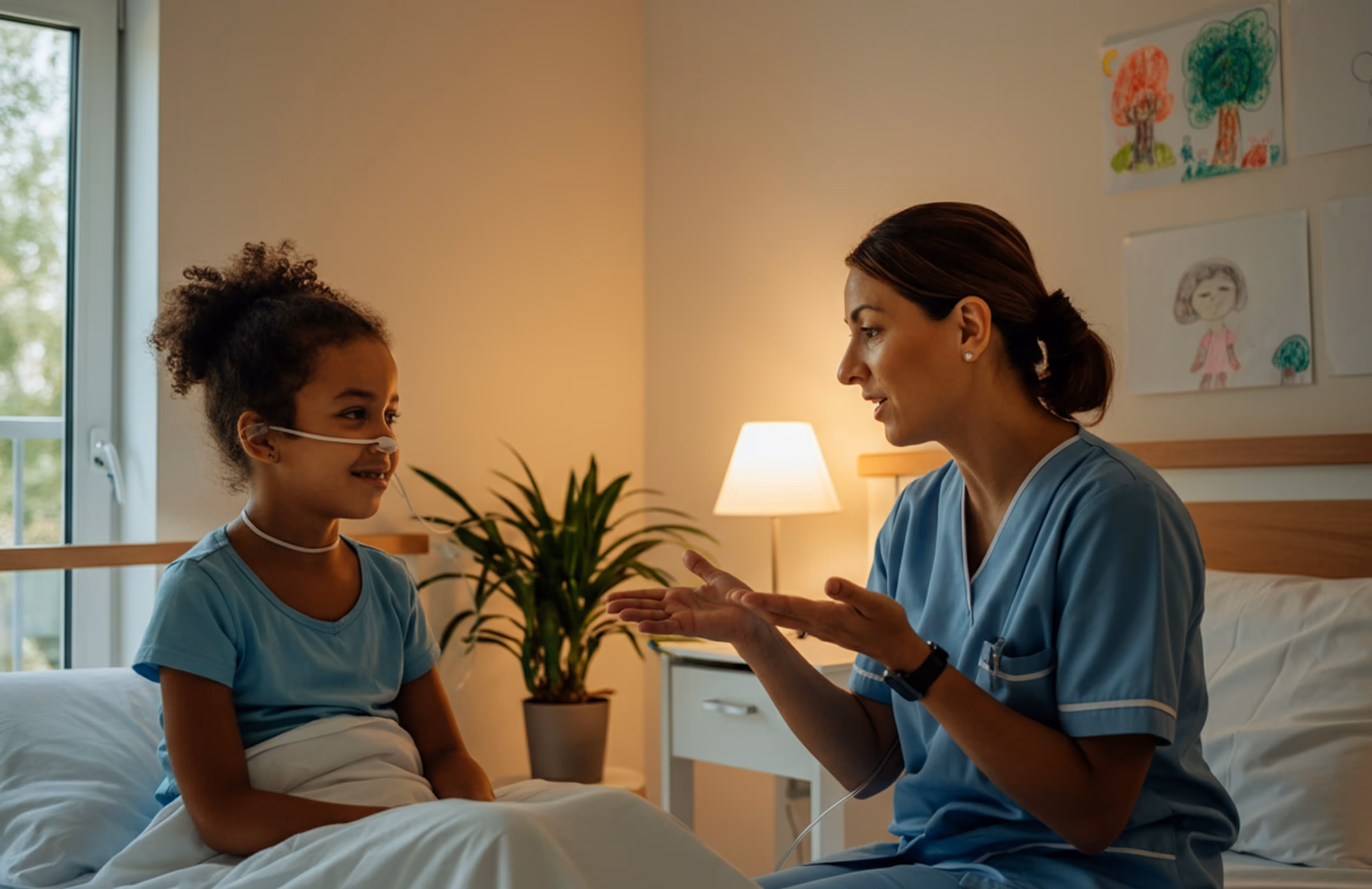 Nurse in blue scrubs speaking to a young girl with nasal oxygen tubes sitting up in a hospital bed.
