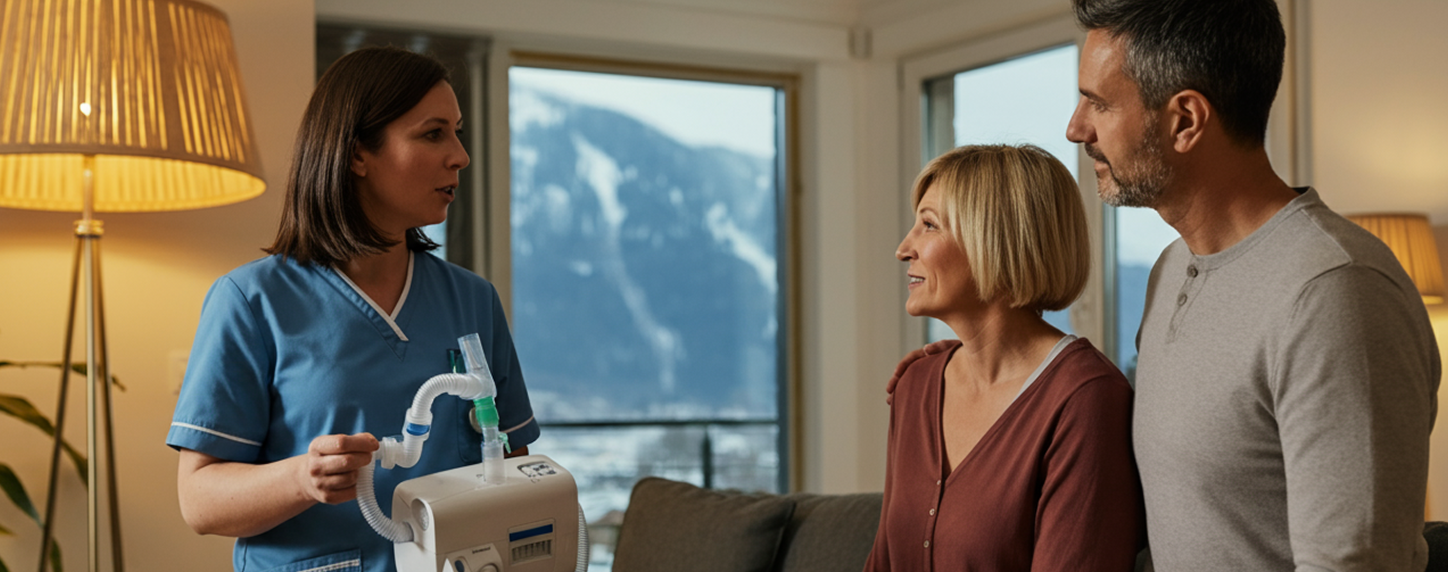 Healthcare professional in blue scrubs explaining a medical device to a middle-aged couple in a living room with mountain view windows.