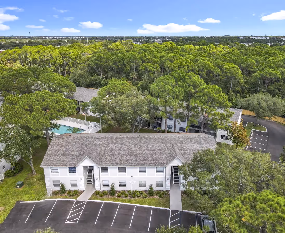 Birds eye view of exterior and parking lot