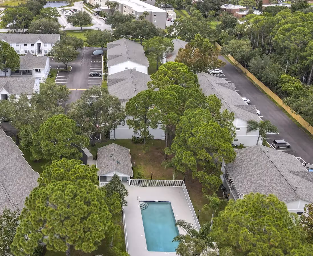 Overhead view of swimming pool and exterior