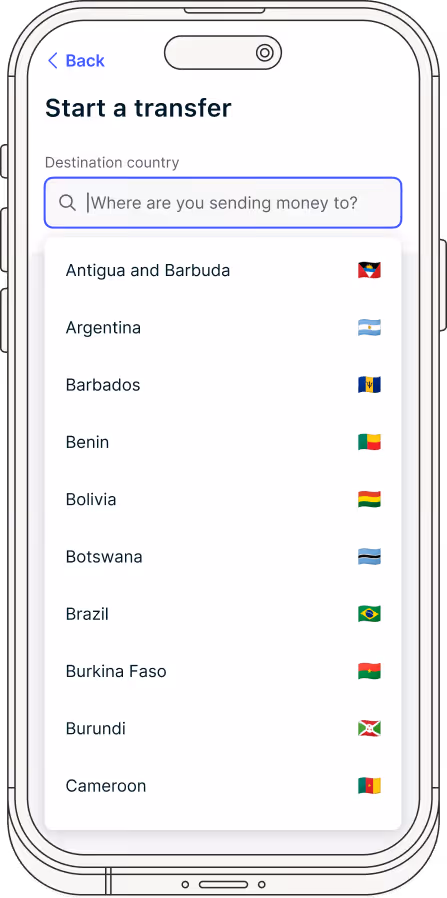 PayMitto app showing country selection for disbursements