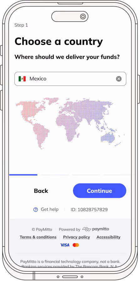 PayMitto mobile app showing Start a transfer and Choose a country screens