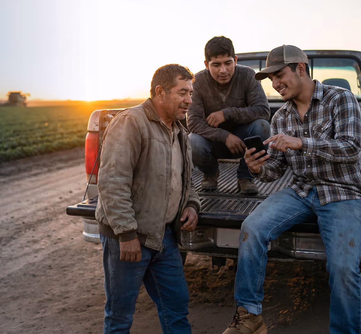 Three men in work clothes by a truck at sunset, one showing something on a phone to the others.