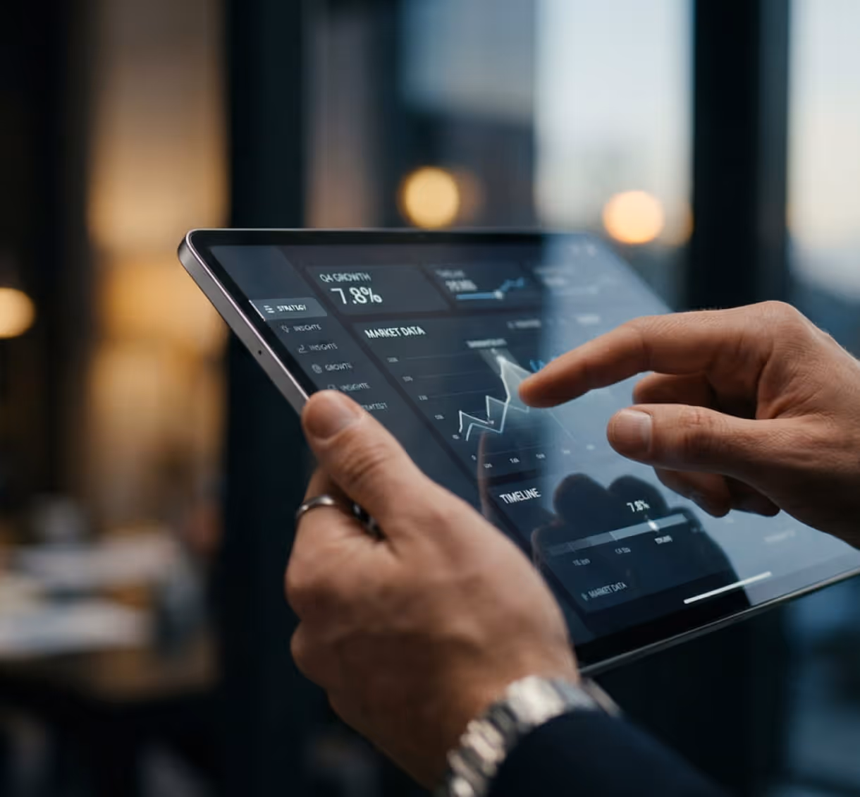 Person using tablet showing market data and growth charts with a 7.8% Q4 growth indicator.