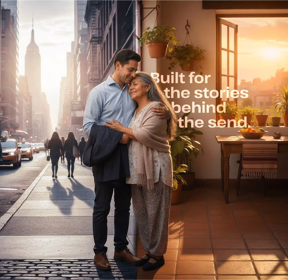 Man and woman embracing on a city street at sunset