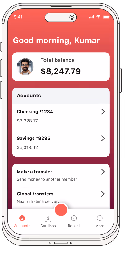 Mobile banking app screen showing greeting, total balance $8,247.79, checking and savings accounts, and transfer options.