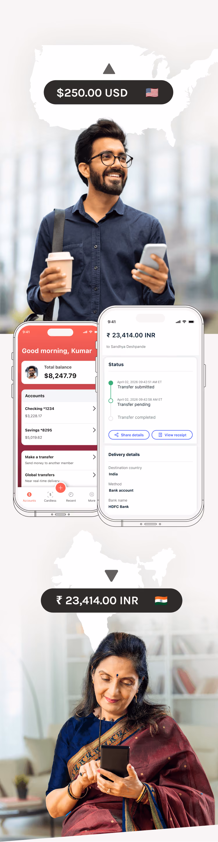 Man holding phone and coffee with $250 USD and woman in saree using phone with ₹23,414 INR transfers.