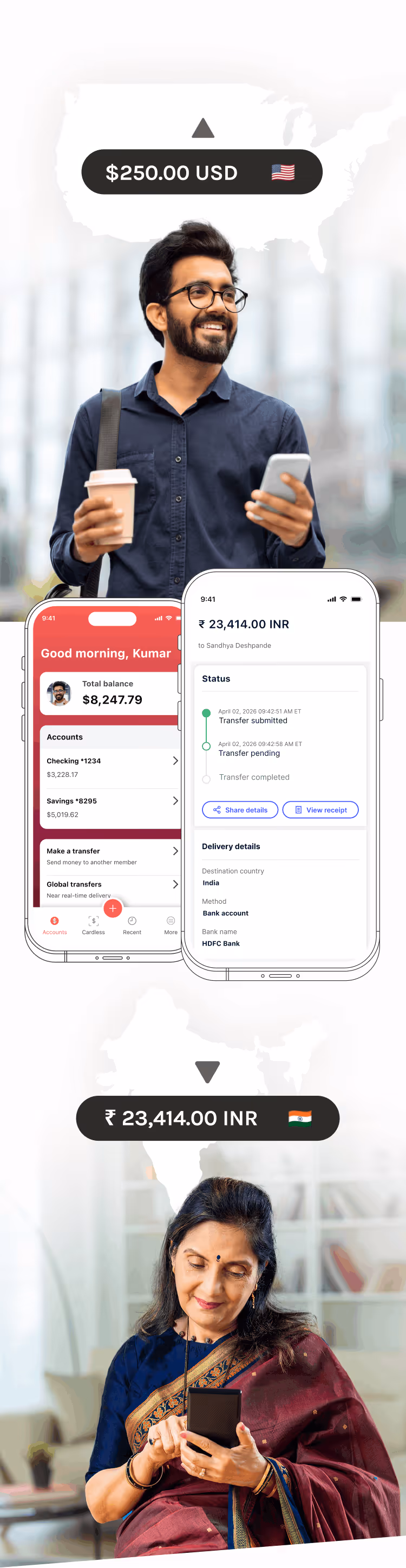 Man holding phone and coffee with $250 USD and woman in saree using phone with ₹23,414 INR transfers.