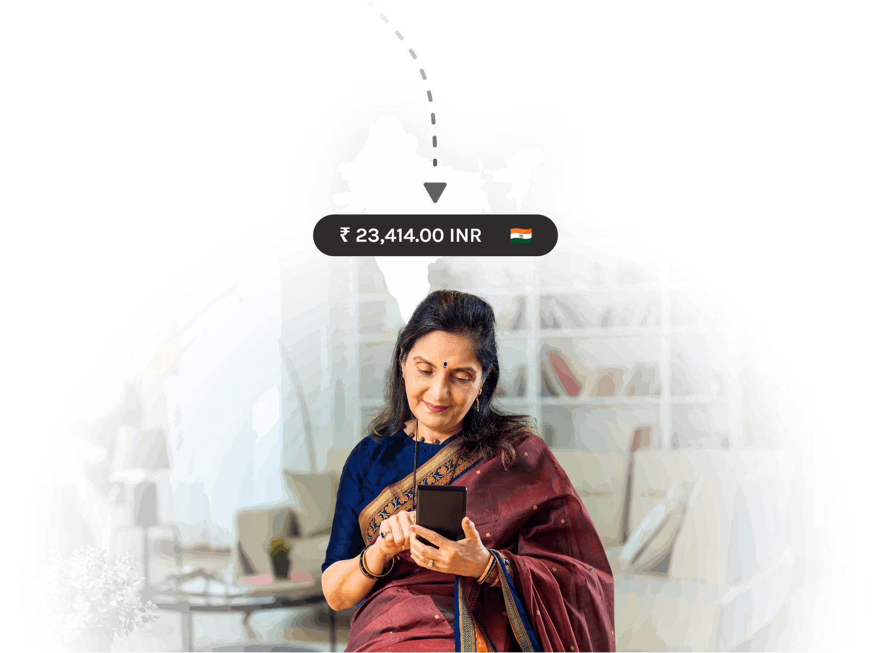 Indian woman in traditional attire using smartphone with India map and currency value above.