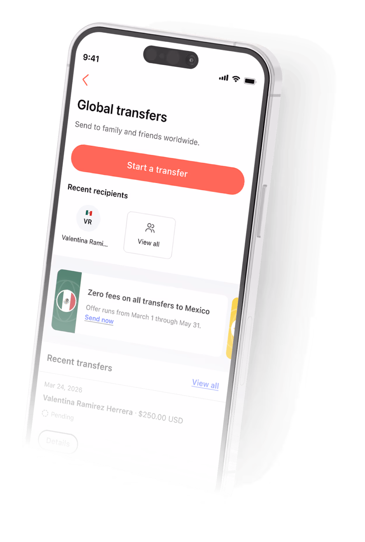 Smartphone screen showing global money transfers app with recent transfer to Mexico pending $250 USD.