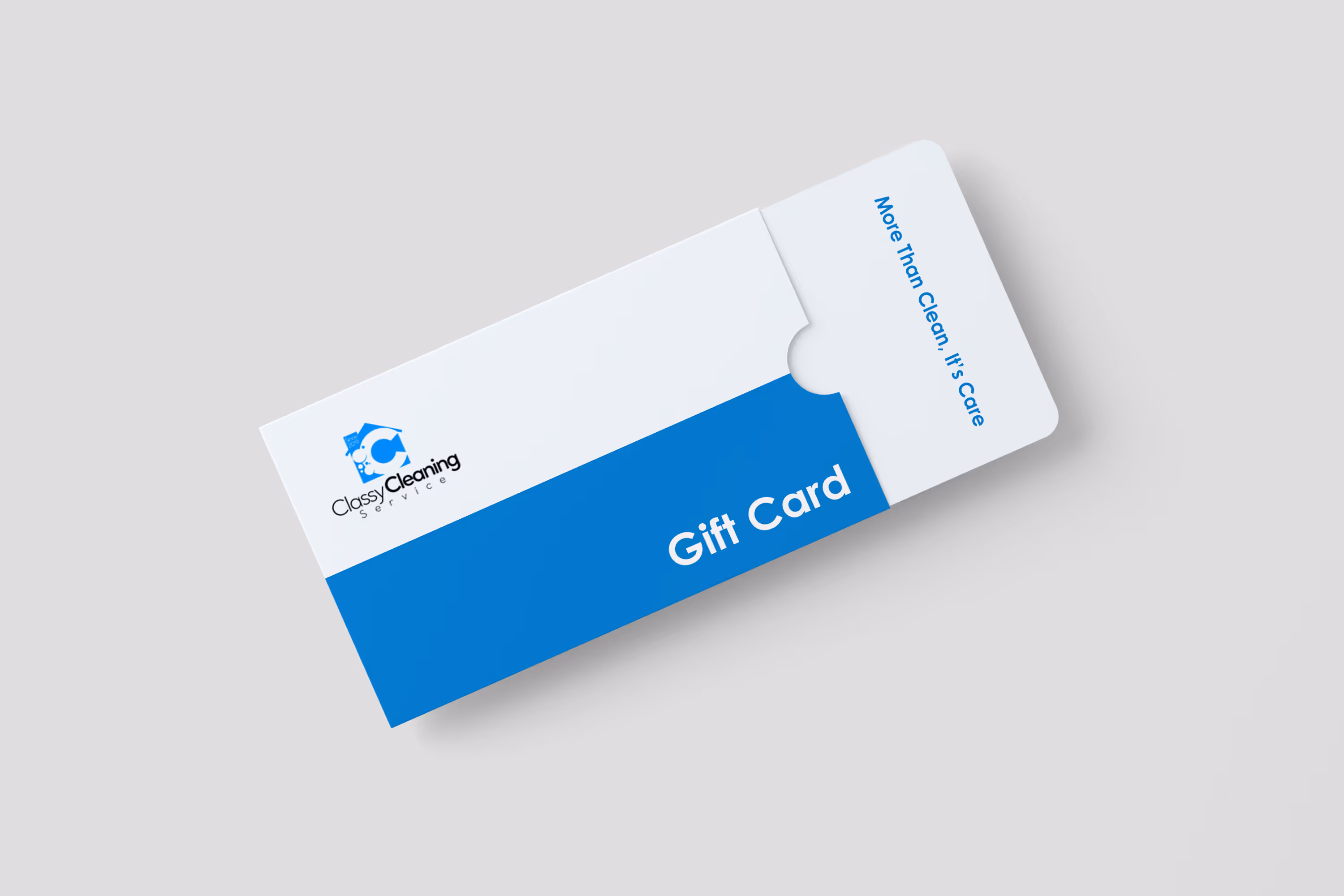 Classy Cleaning Service gift card with blue and white design and the slogan 'More Than Clean, It's Care'.